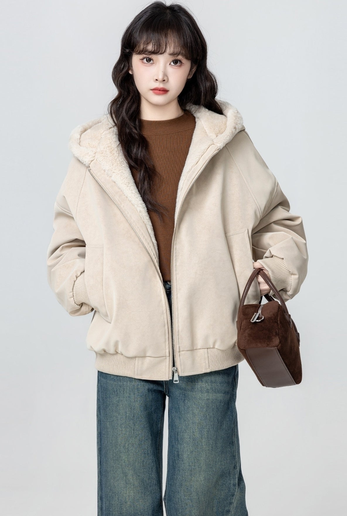 Fleece Lined Hooded Faux Leather Jacket