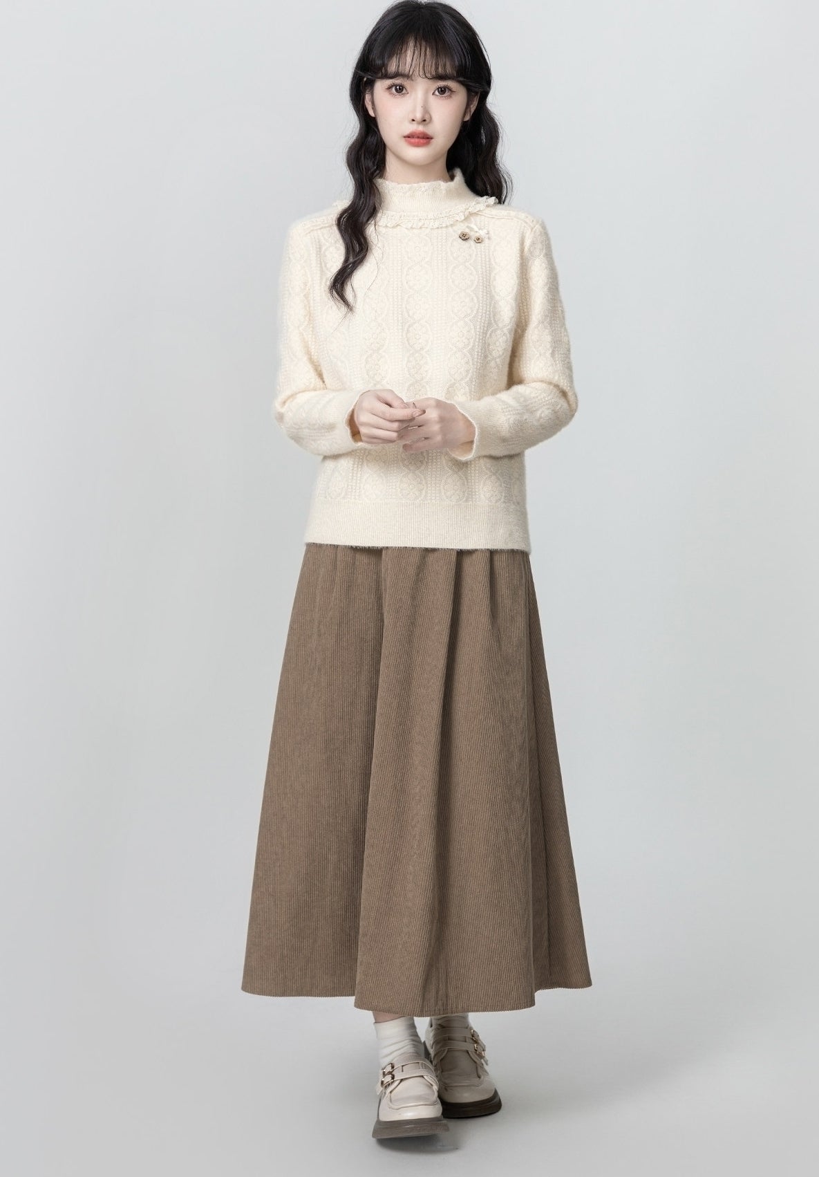 Fleece Lined Lace Trim Mock Neck Sweater Pullover