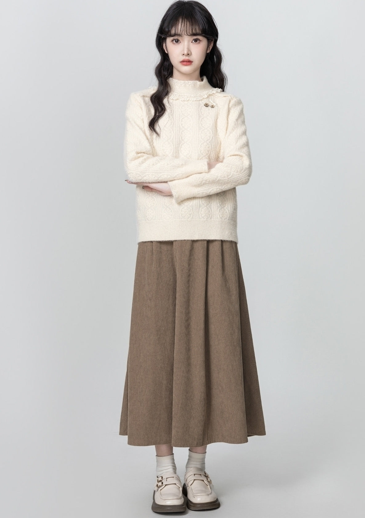 Fleece Lined Lace Trim Mock Neck Sweater Pullover