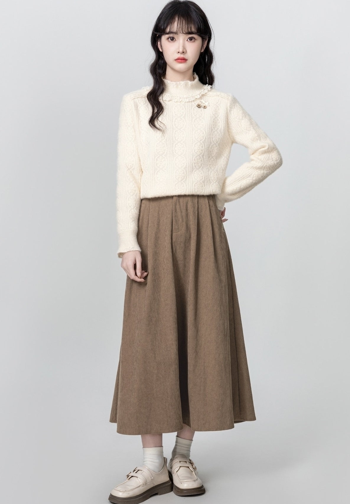 Fleece Lined Lace Trim Mock Neck Sweater Pullover