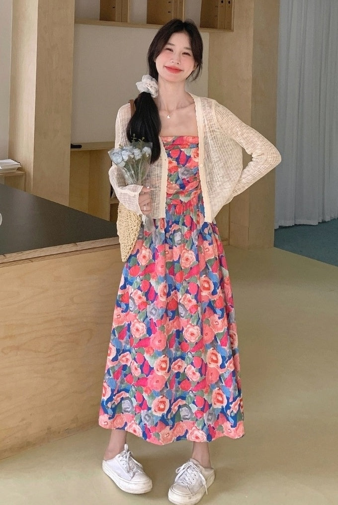 Floral Chiffon Cardigan Dress Set