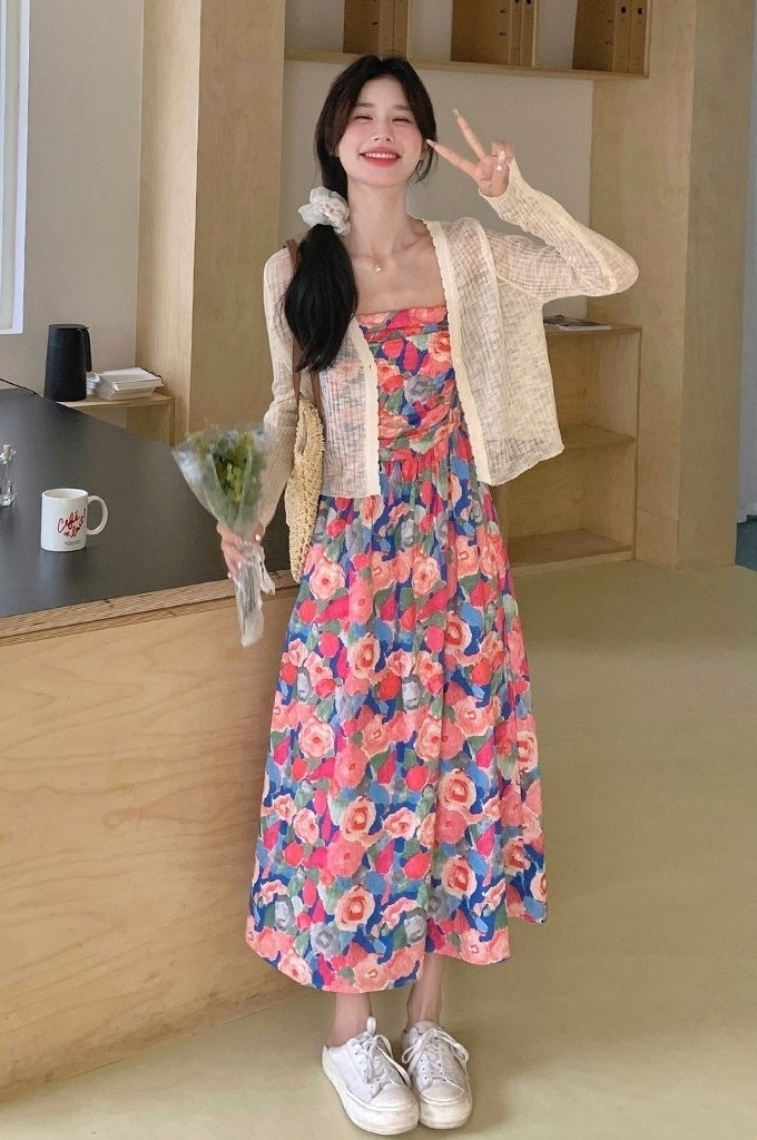Floral Chiffon Cardigan Dress Set