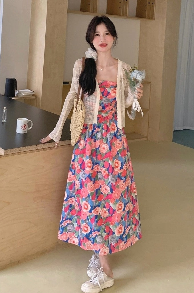 Floral Chiffon Cardigan Dress Set