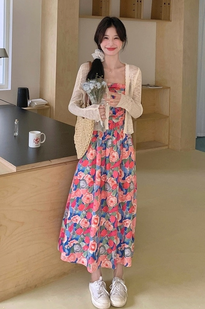 Floral Chiffon Cardigan Dress Set