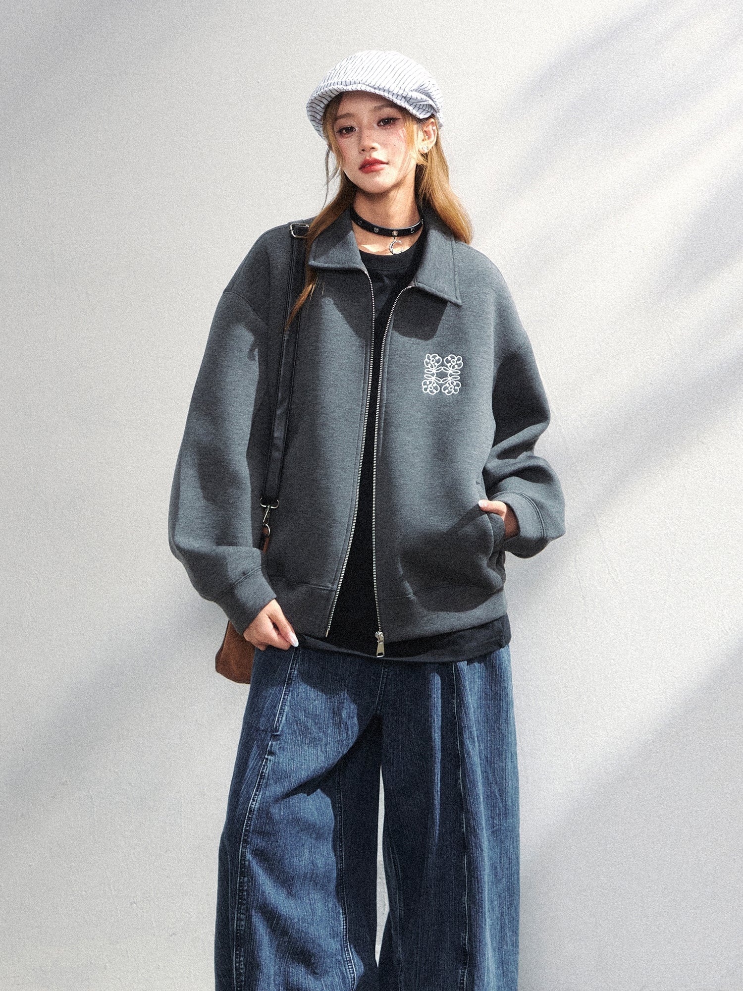Floral Embroidered Air Layer Casual Jacket