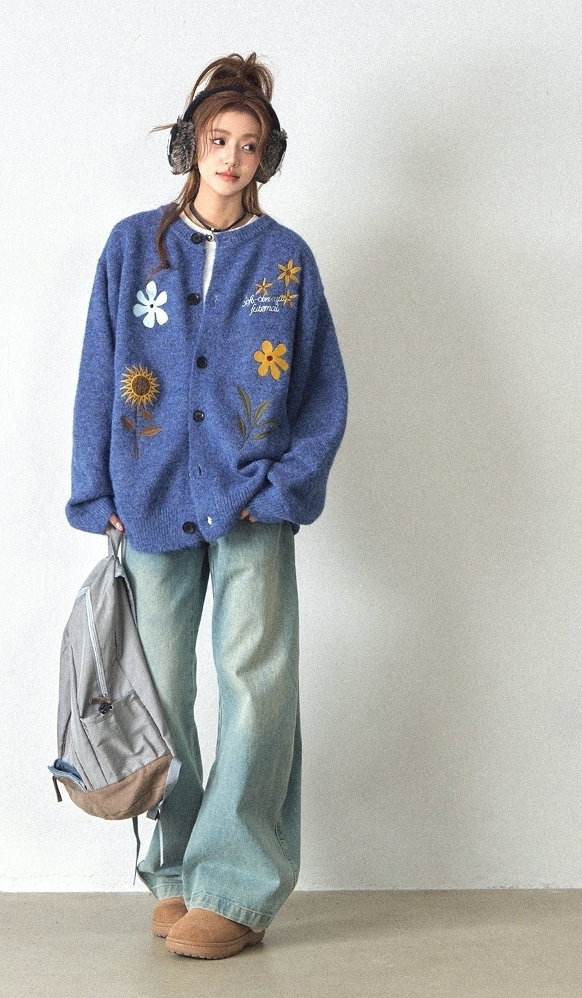 Floral Embroidered Knit Cardigan Sweater