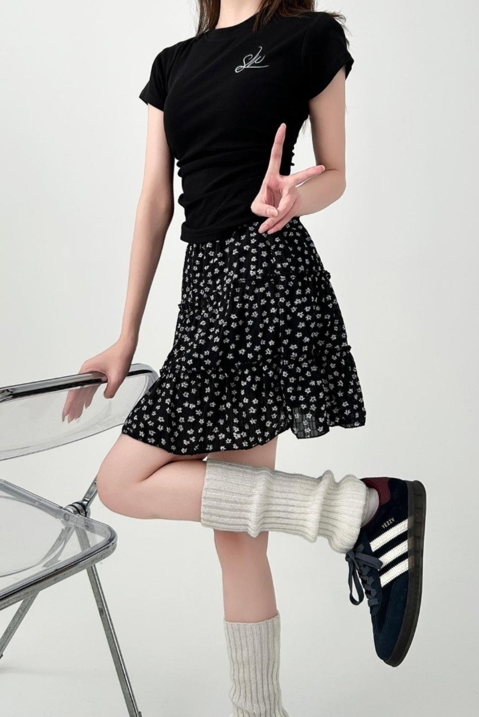 Floral High Waist A Line Ruffle Skirt