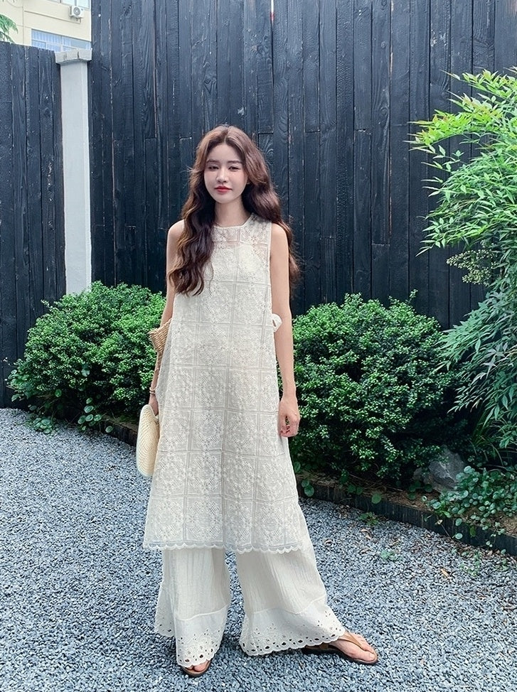 Floral Lace Cover Up Wide Leg Pants Set
