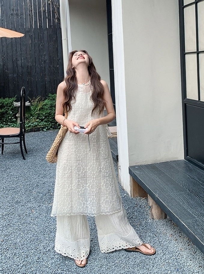 Floral Lace Cover Up Wide Leg Pants Set