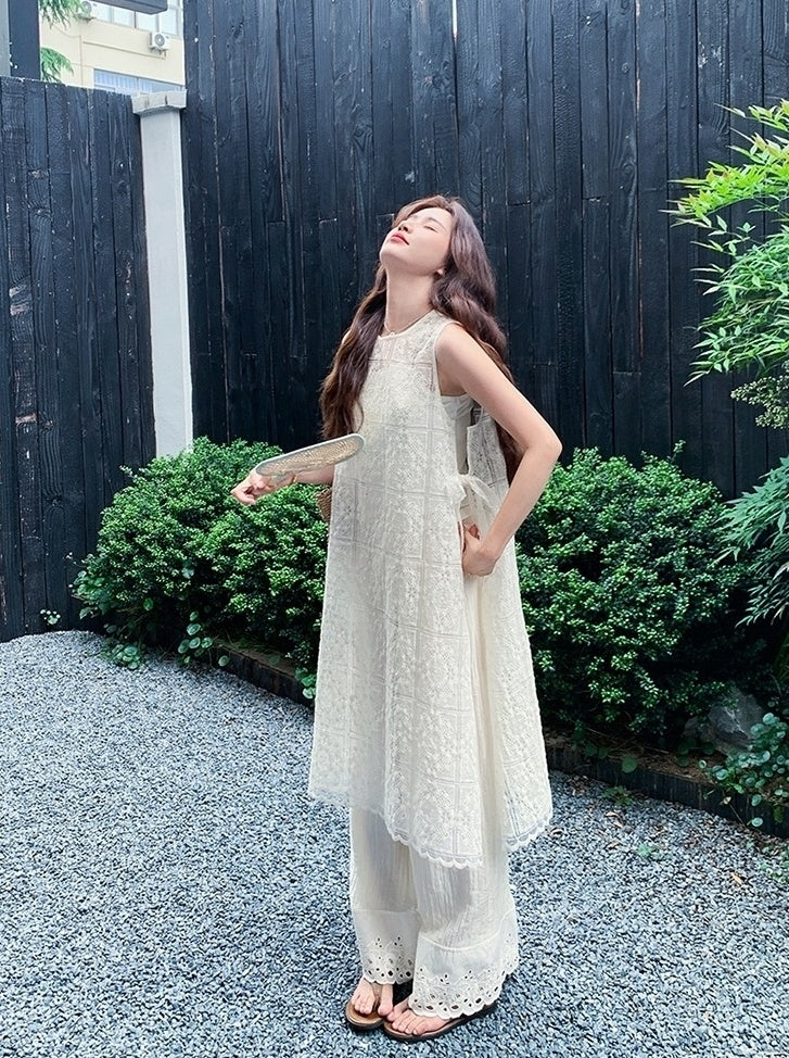Floral Lace Cover Up Wide Leg Pants Set