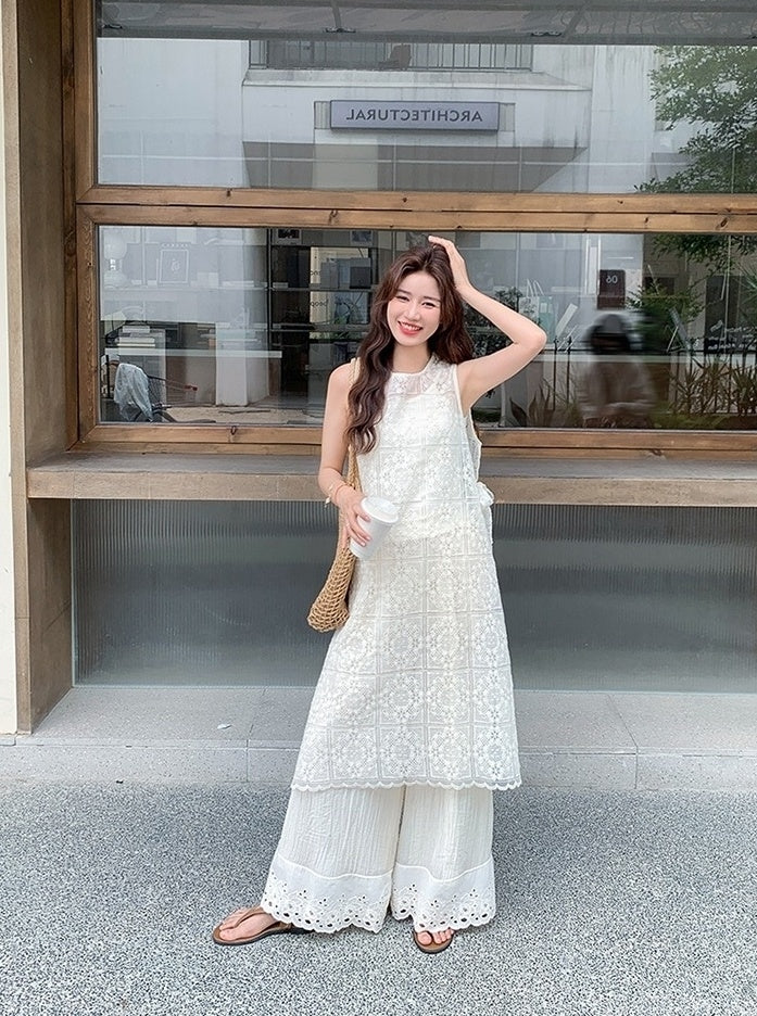 Floral Lace Cover Up Wide Leg Pants Set