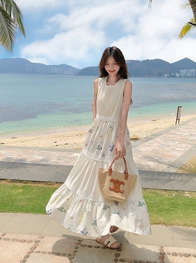 Floral Patchwork Sleeveless Vacation Maxi Dress