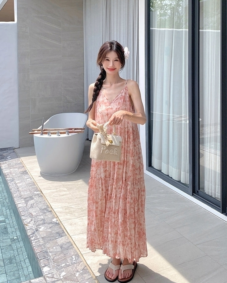 Floral Pink V Neck Summer Vacation Maxi Dress