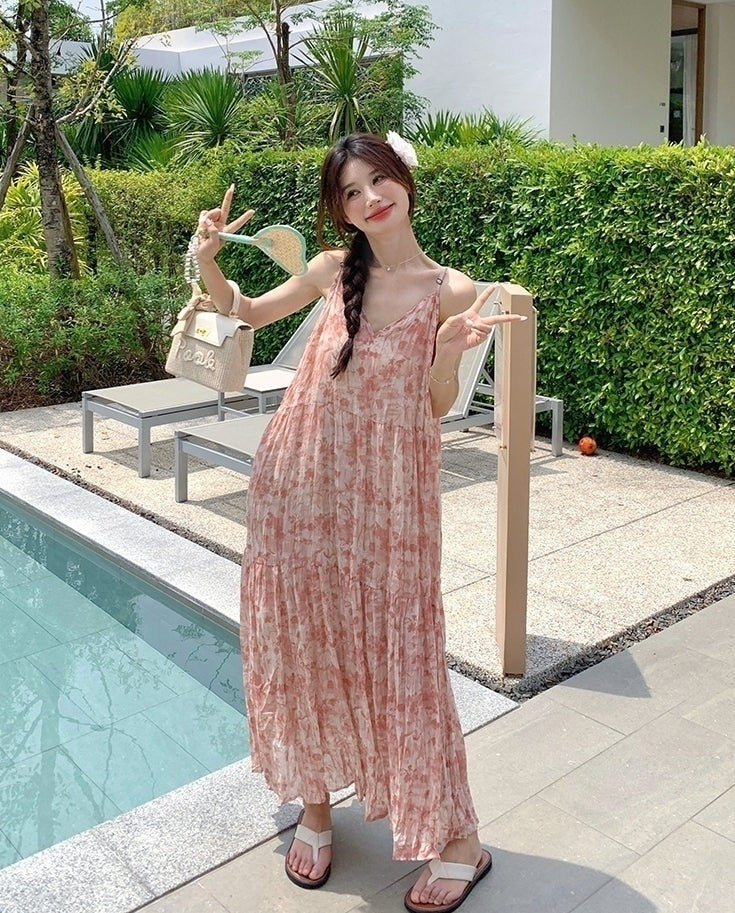 Floral Pink V Neck Summer Vacation Maxi Dress