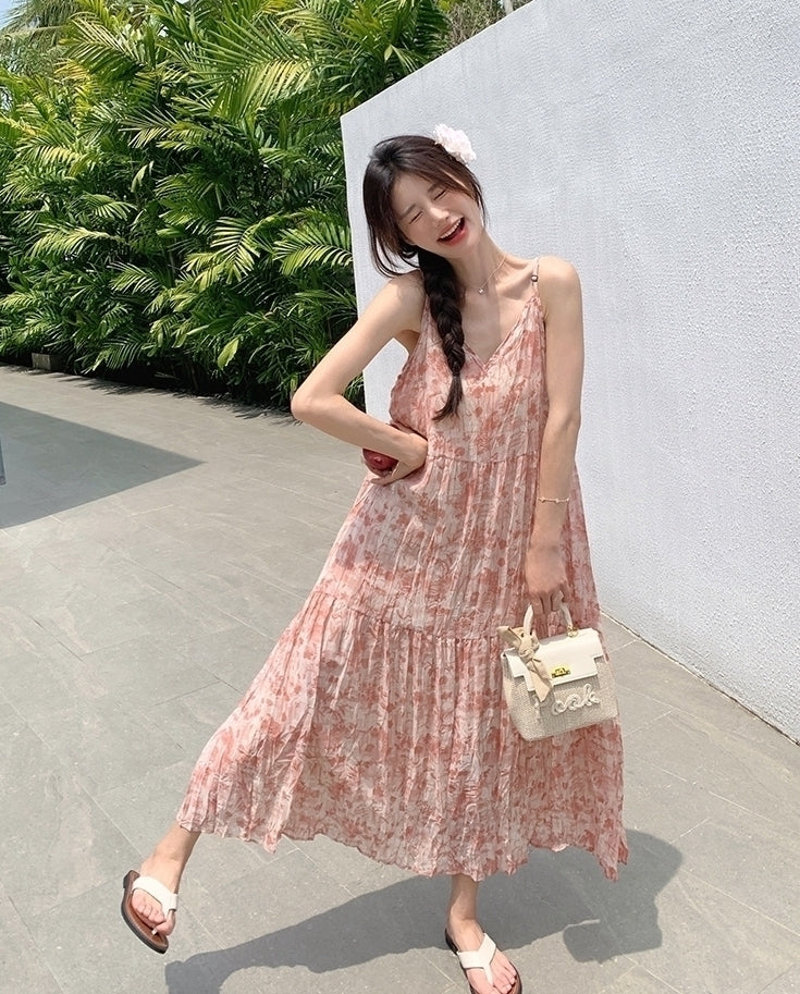 Floral Pink V Neck Summer Vacation Maxi Dress