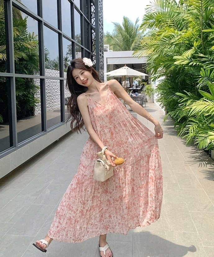 Floral Pink V Neck Summer Vacation Maxi Dress