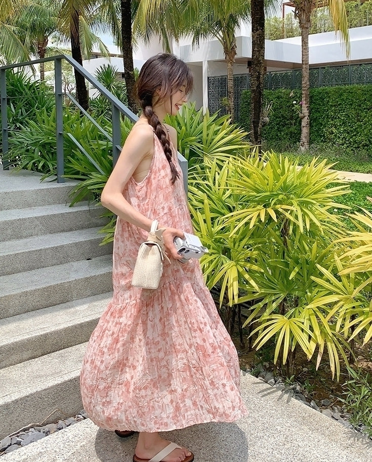 Floral Pink V Neck Summer Vacation Maxi Dress