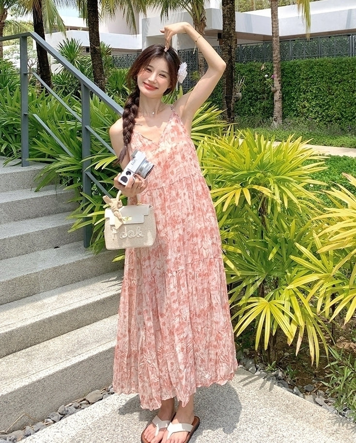 Floral Pink V Neck Summer Vacation Maxi Dress