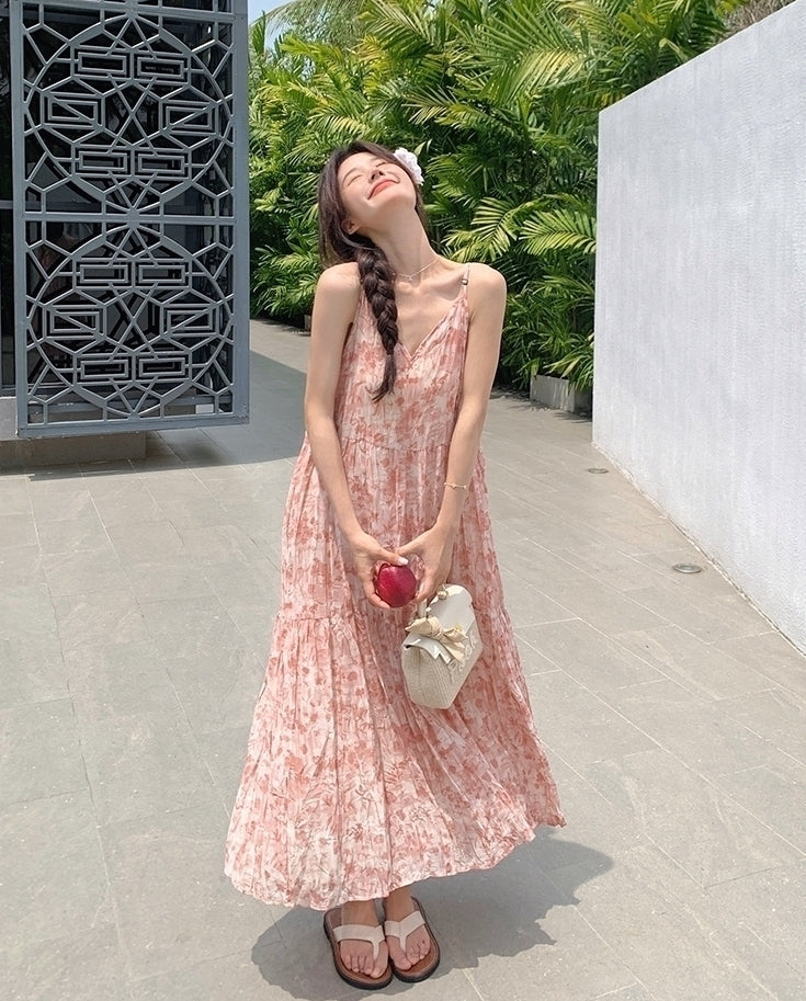Floral Pink V Neck Summer Vacation Maxi Dress