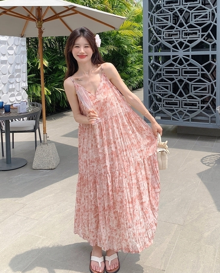 Floral Pink V Neck Summer Vacation Maxi Dress