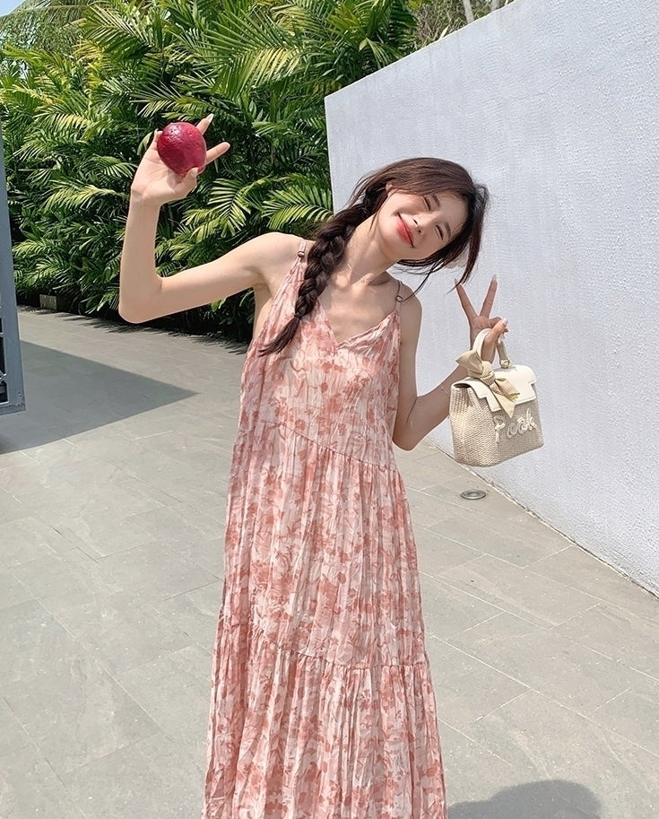 Floral Pink V Neck Summer Vacation Maxi Dress