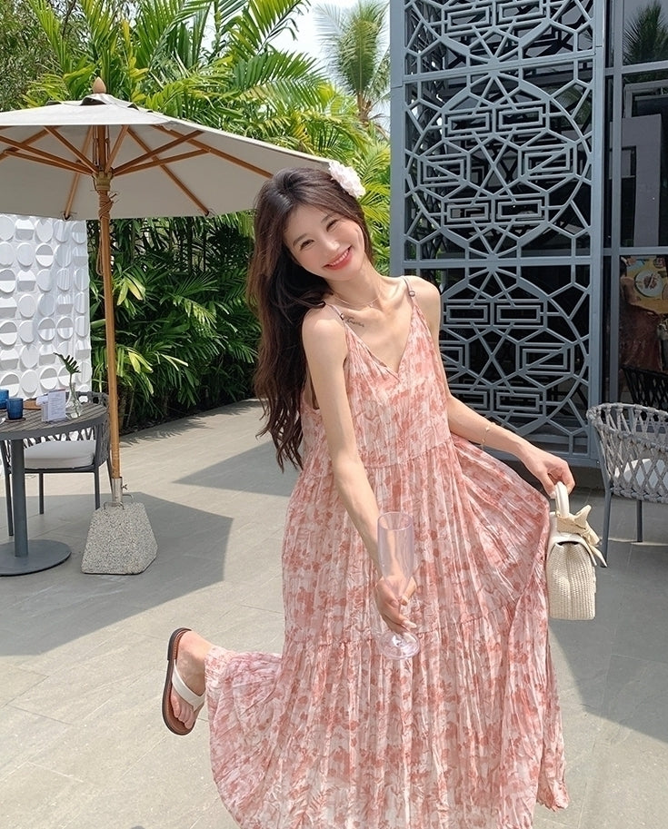Floral Pink V Neck Summer Vacation Maxi Dress