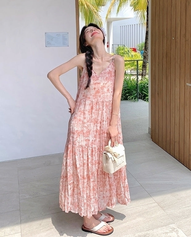 Floral Pink V Neck Summer Vacation Maxi Dress