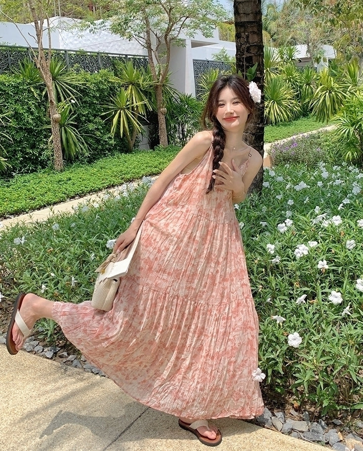 Floral Pink V Neck Summer Vacation Maxi Dress