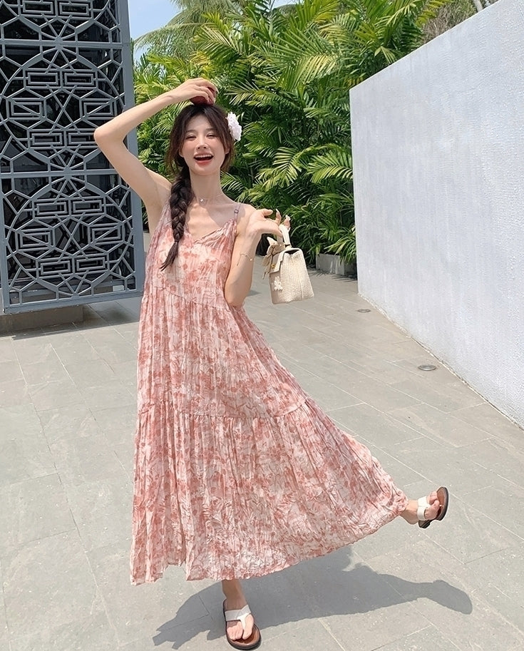 Floral Pink V Neck Summer Vacation Maxi Dress