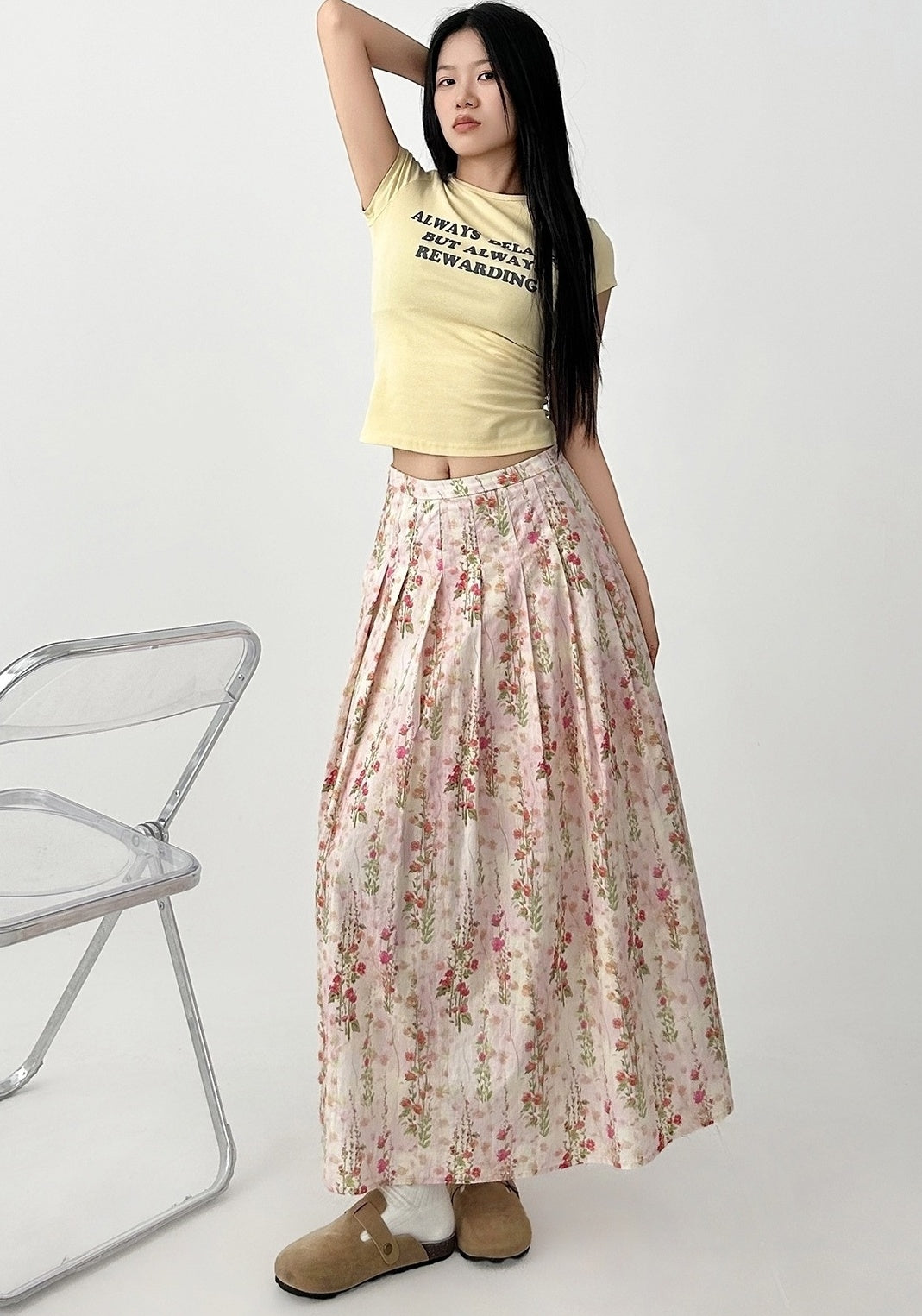 Floral Pleated A Line Maxi Skirt