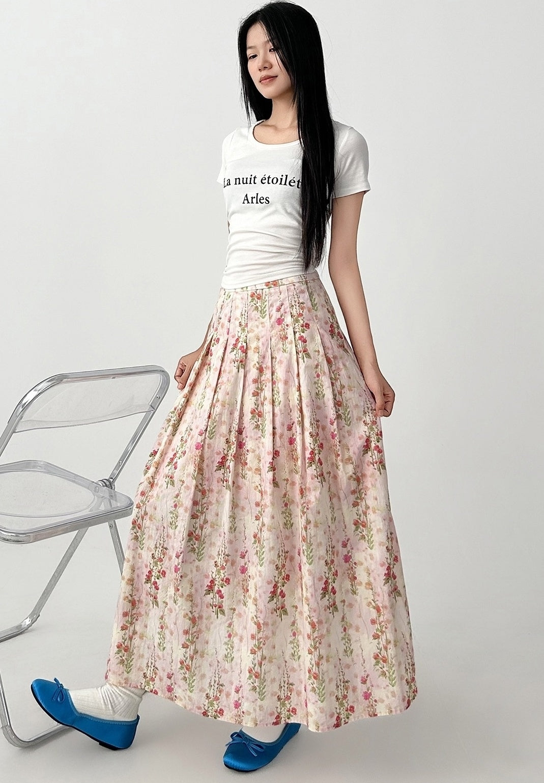 Floral Pleated A Line Maxi Skirt