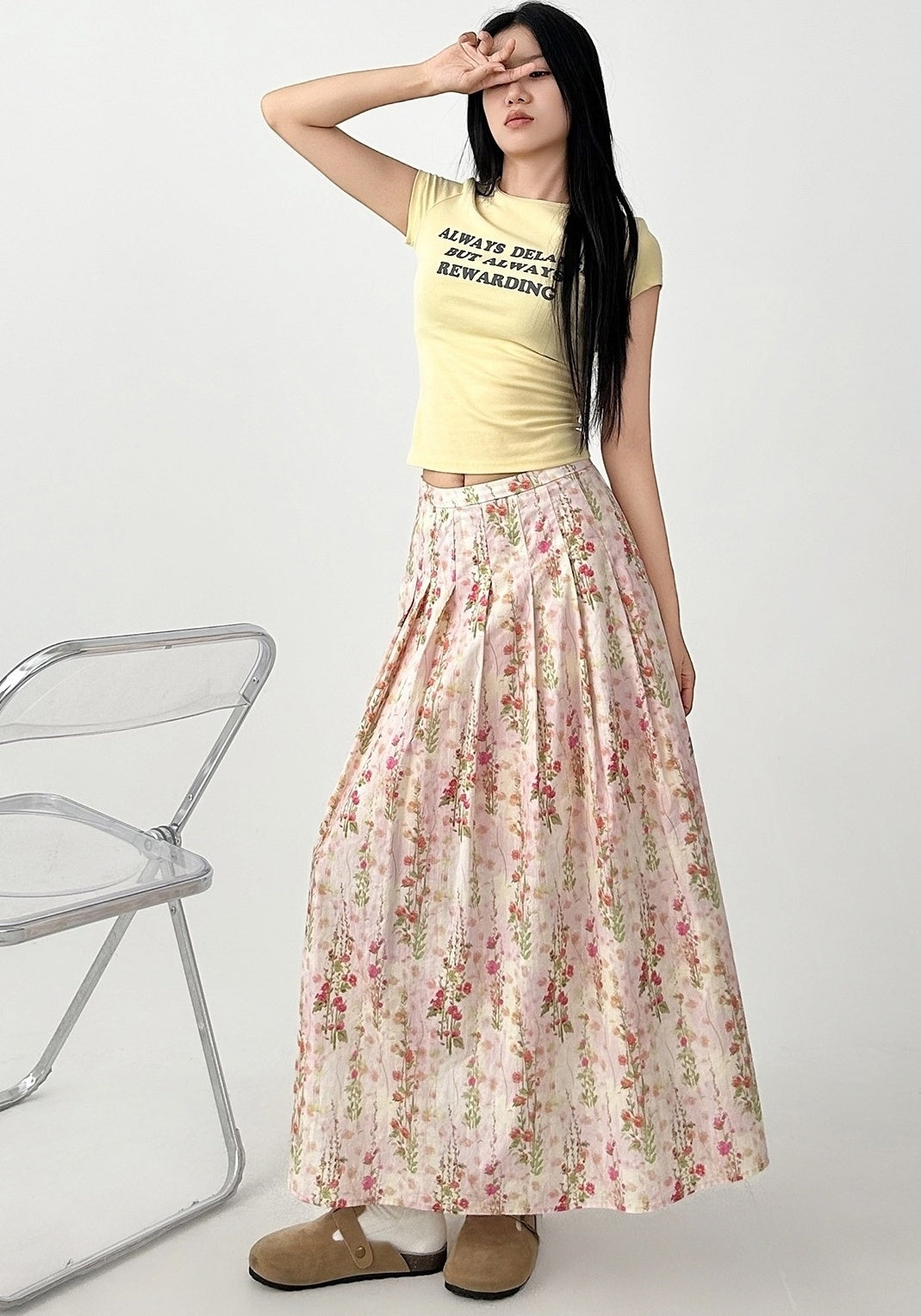 Floral Pleated A Line Maxi Skirt