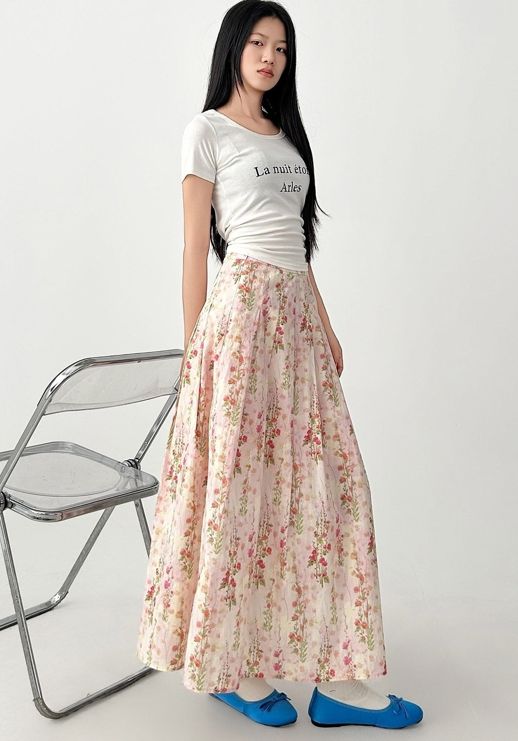 Floral Pleated A Line Maxi Skirt
