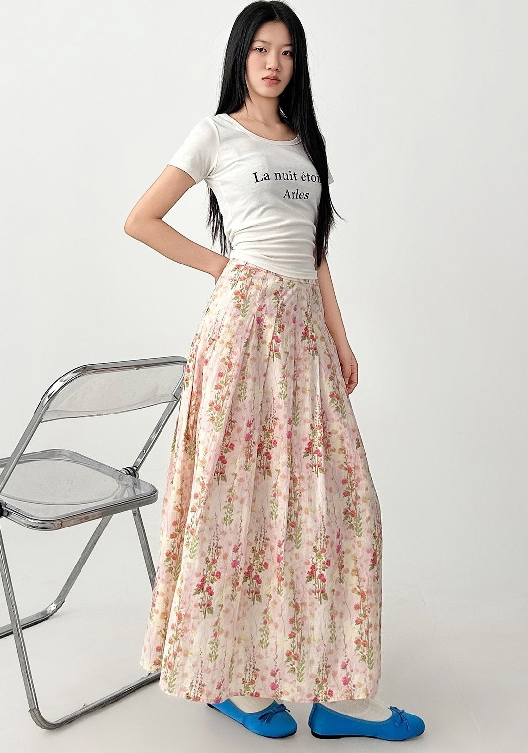 Floral Pleated A Line Maxi Skirt