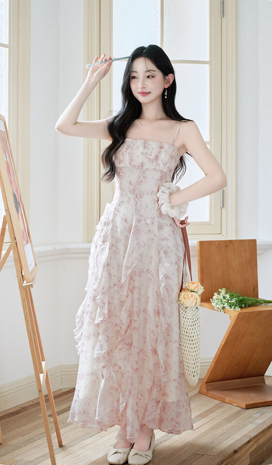 White Floral Ruffle Corset Maxi Dress
