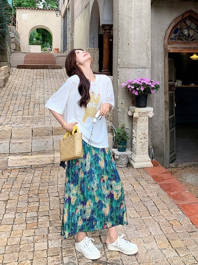 Floral Skirt And White Tee Casual Fashion Set
