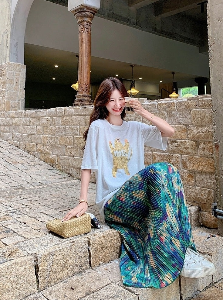 Floral Skirt And White Tee Casual Fashion Set