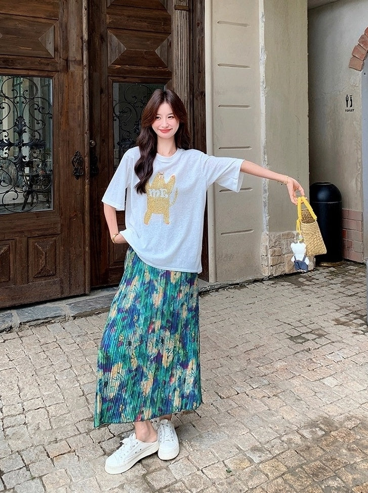 Floral Skirt And White Tee Casual Fashion Set