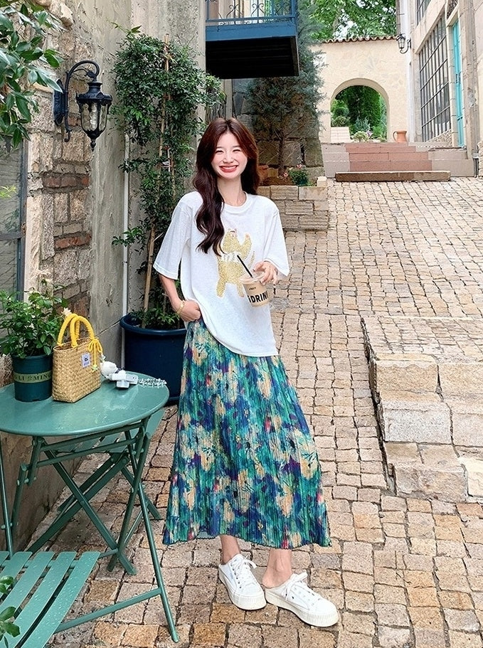 Floral Skirt And White Tee Casual Fashion Set