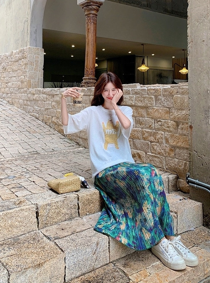 Floral Skirt And White Tee Casual Fashion Set