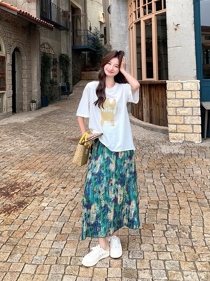 Floral Skirt And White Tee Casual Fashion Set
