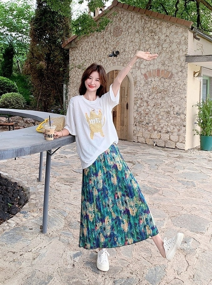 Floral Skirt And White Tee Casual Fashion Set