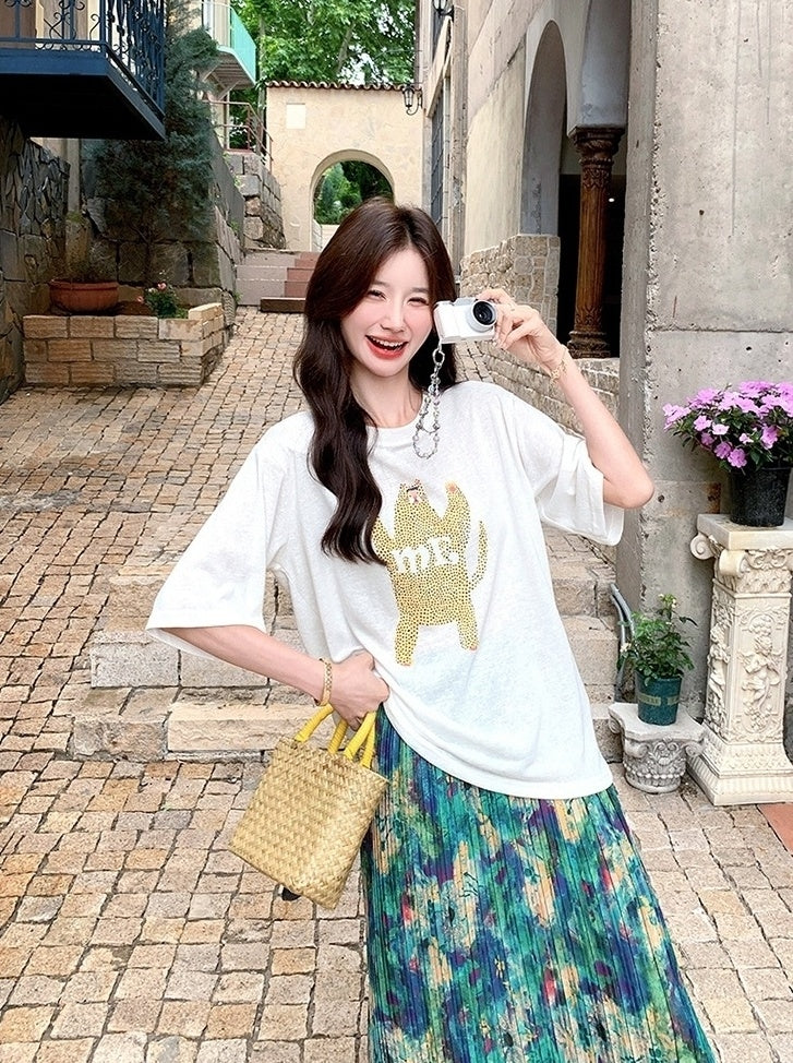 Floral Skirt And White Tee Casual Fashion Set