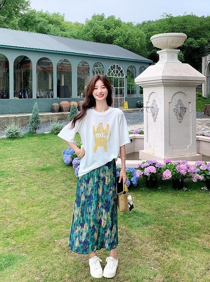 Floral Skirt And White Tee Casual Fashion Set