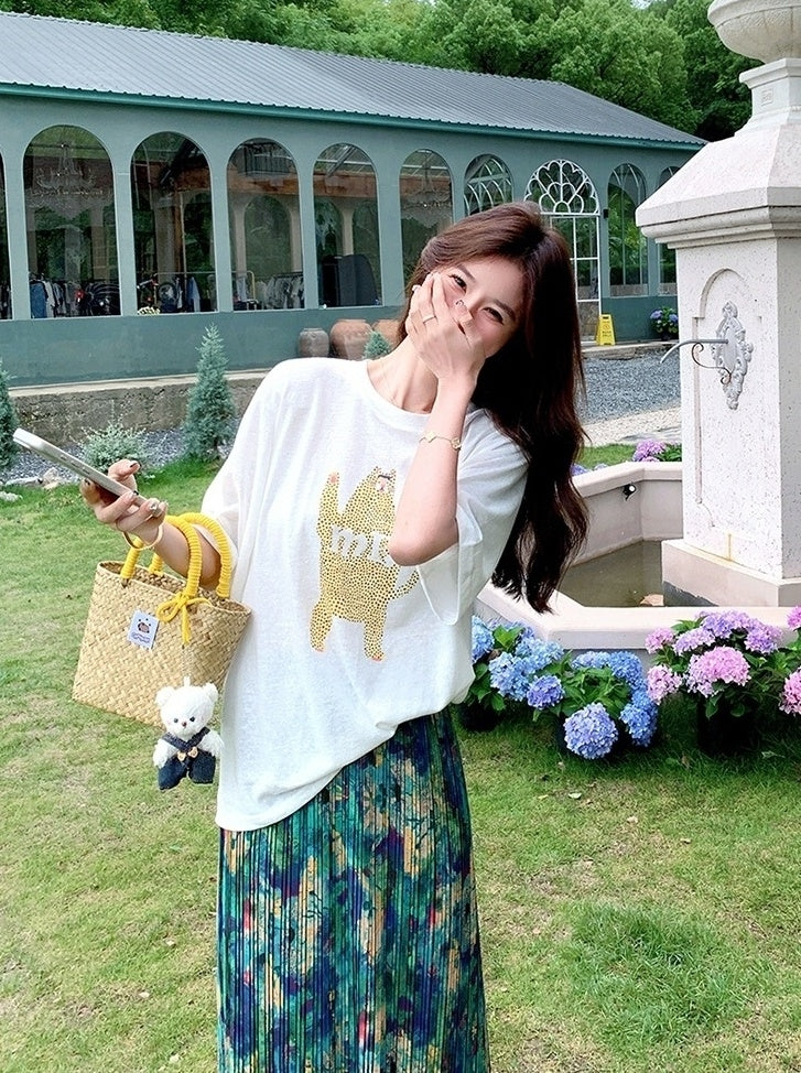 Floral Skirt And White Tee Casual Fashion Set