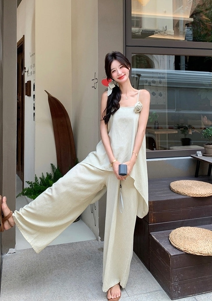 Floral Sleeveless Top And Wide Leg Pants Set