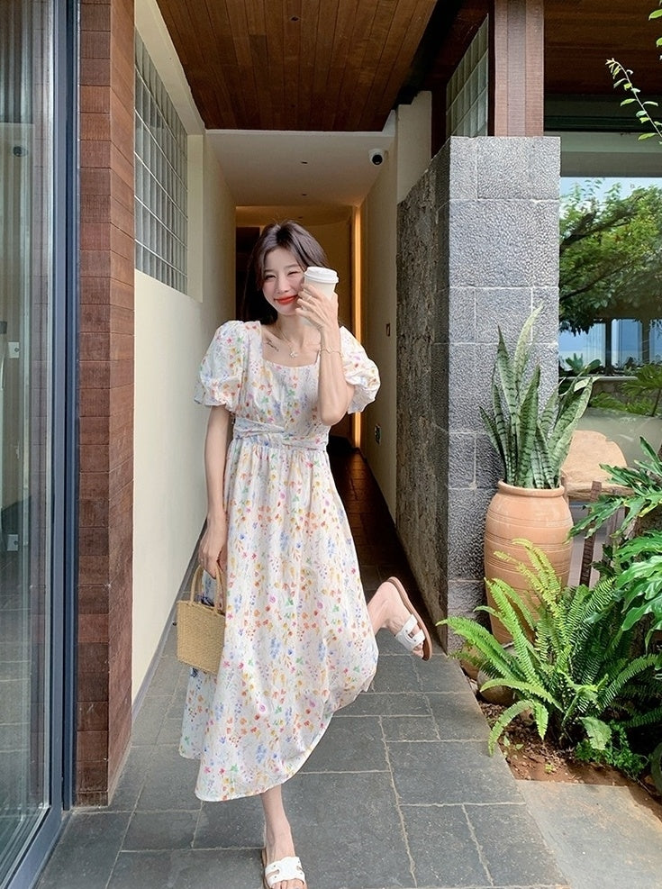 Floral Vacation Puff Sleeve Waist Slimming Dress