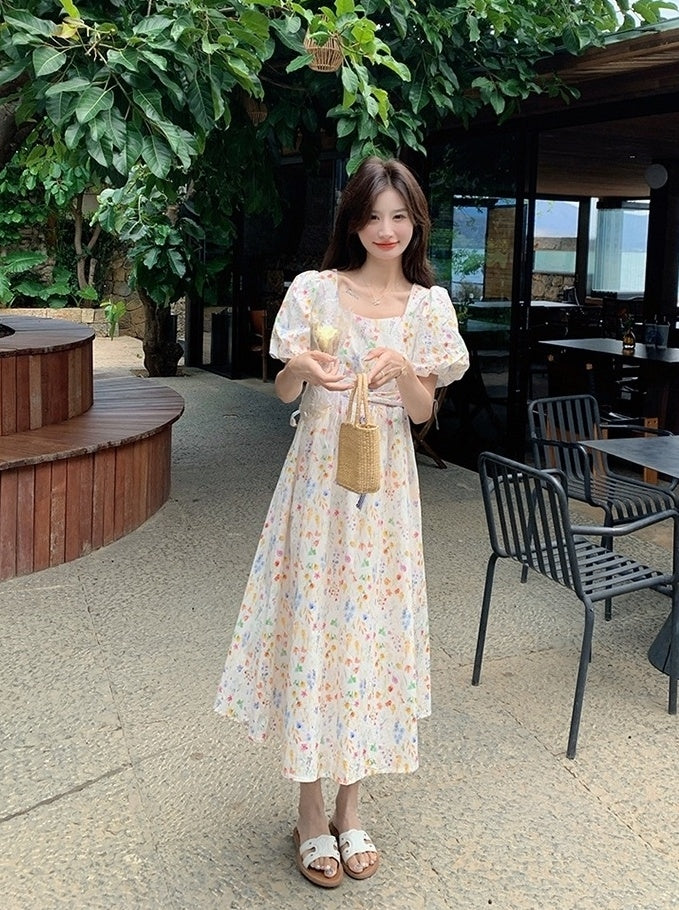 Floral Vacation Puff Sleeve Waist Slimming Dress