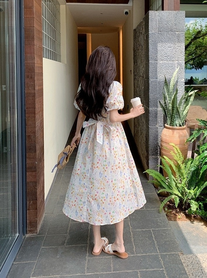 Floral Vacation Puff Sleeve Waist Slimming Dress