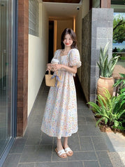 Floral Vacation Puff Sleeve Waist Slimming Dress
